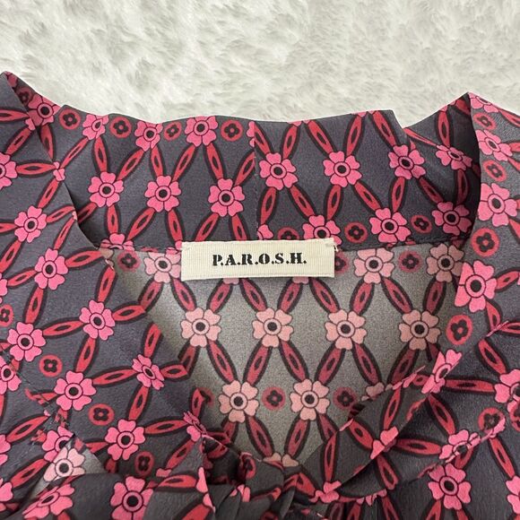 P.A.R.O.S.H. Women’s Pink Floral Long Sleeve Tie Neck Silk Blouse Sz M Italy - Picture 6 of 11